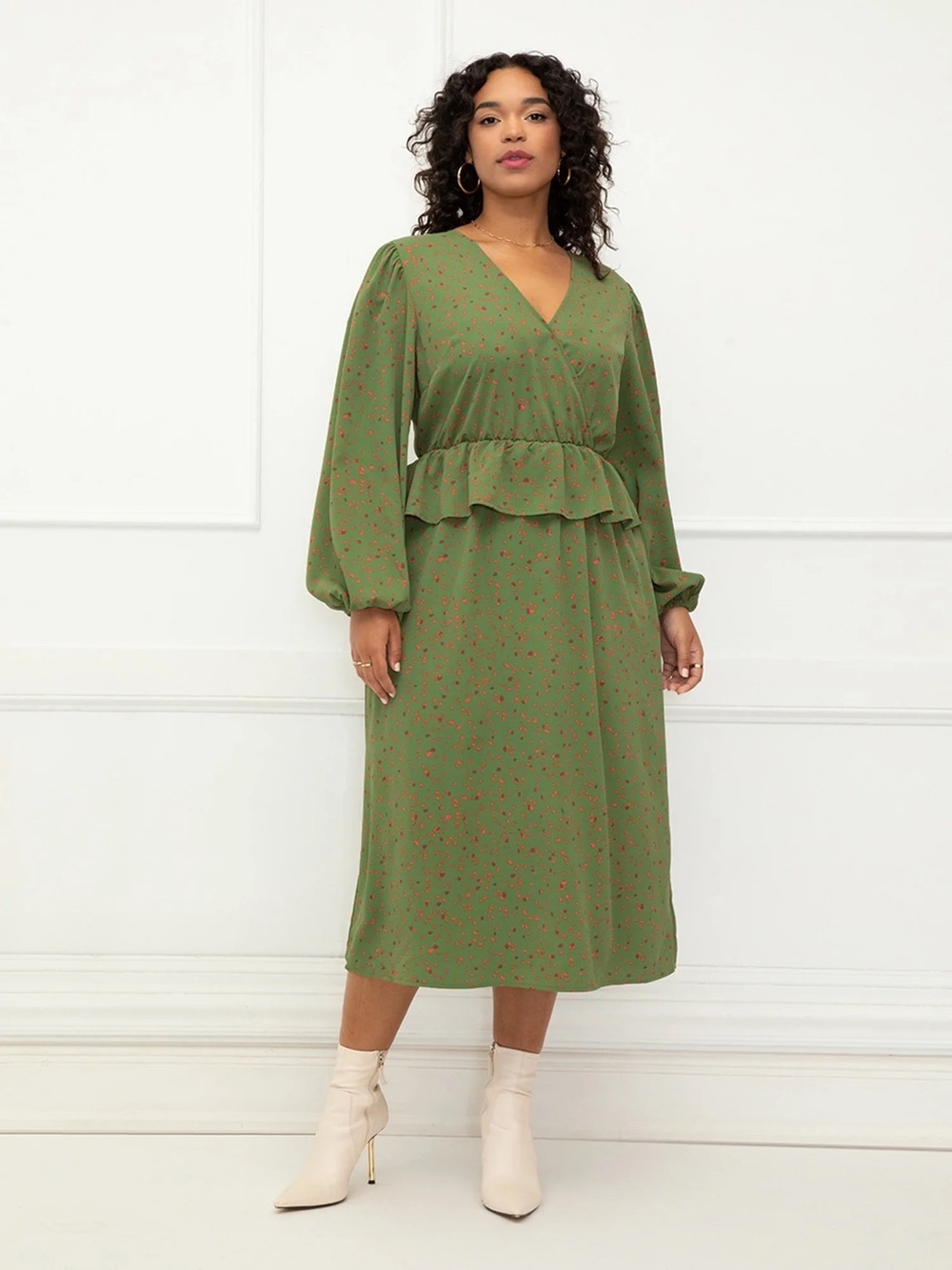 NWOT Eloquii Elements ‘Mixed Print Puff Sleeve Midi Dress w/ Peplum’ in Green 20